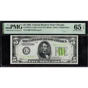 $5 1934 light Green seal. Small Size $5 Federal Reserve Notes 1955-G