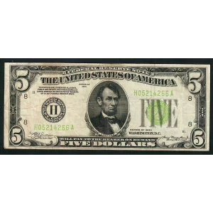 $5 1934 light Green seal. Small Size $5 Federal Reserve Notes 1955-H