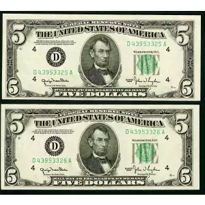 $5 1950 blue-Green seal. Small Size $5 Federal Reserve Notes 1961-D