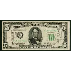 $5 1950 blue-Green seal. Small Size $5 Federal Reserve Notes 1961-E