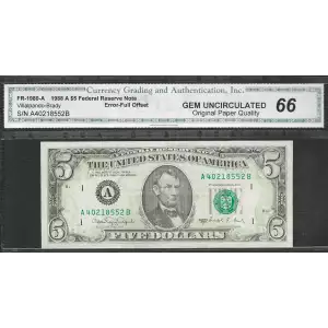 $5 1988-A.  Small Size $5 Federal Reserve Notes 1980-A