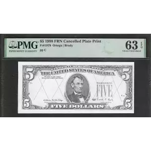 $5 1988 FRN = UNIQUE =  CANCELLED PLATE PRINT PMG Ch Unc 63EPQ