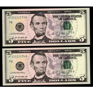 $5 2009  Small Size $5 Federal Reserve Notes 1994-F