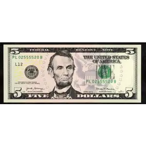 $5 2013  Small Size $5 Federal Reserve Notes 1996-C