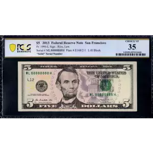 $5 2013  Small Size $5 Federal Reserve Notes 1996-L