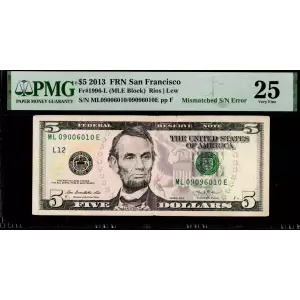 $5 2013  Small Size $5 Federal Reserve Notes 1996-L