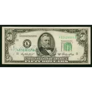 $50 1950-A. blue-Green seal. Small Size $50 Federal Reserve Notes 2108-K