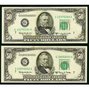 $50 1950-D. blue-Green seal. Small Size $50 Federal Reserve Notes 2111-G