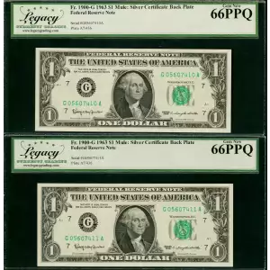 CONSEC PAIR: $1 1963 Mule FACE of FRN and BACK of SILVER CERT LCGS Gem New 66PPQ