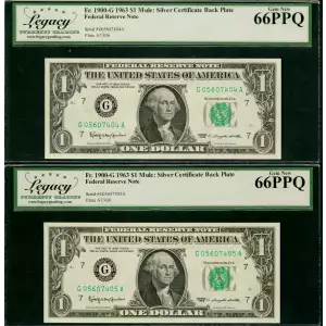 CONSEC PAIR: $1 1963 Mule FACE of FRN and BACK of SILVER CERT LCGS Gem New 66PPQ