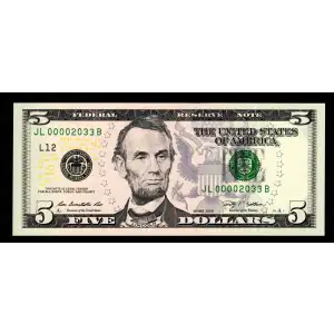 $5 2009  Small Size $5 Federal Reserve Notes 1994-L