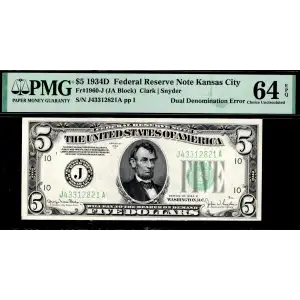 $5 1934-D. blue-Green seal. Small Size $5 Federal Reserve Notes 1960-J (2)