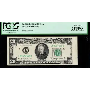 $20 1963-A. blue-Green seal. Small Size $20 Federal Reserve Notes 2066-L