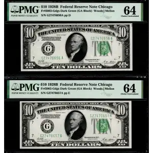 $10 1928-B. Exists with both light and dark Green seals Small Size $10 Federal Reserve Notes 2002-G