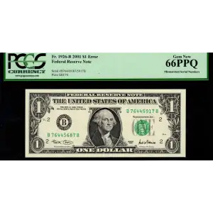 $1 2001 Green seal. Small Size $1 Federal Reserve Notes 1926-B