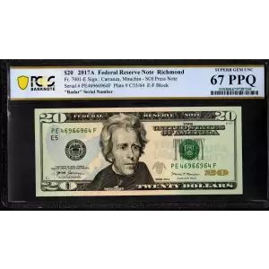 $20 2017-A FRN RADAR 375-22-573 HIGH GRADE PCGS Superb Gem 68PPQ