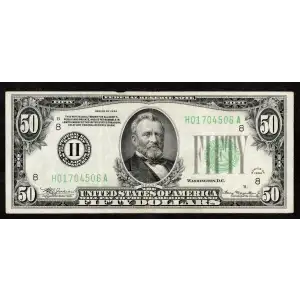 $50 1934 light Green seal. Small Size $50 Federal Reserve Notes 2102-H