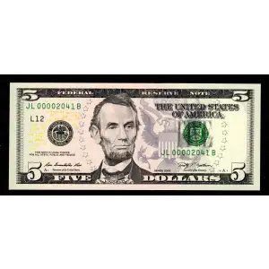 $5 2009  Small Size $5 Federal Reserve Notes 1994-L