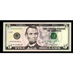 $5 2009  Small Size $5 Federal Reserve Notes 1994-L