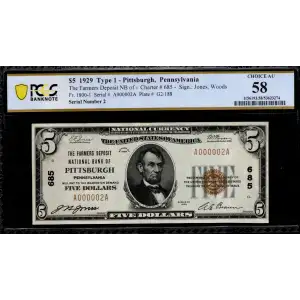 $5 1929 Small brown seal Small National Bank Notes 1800-1