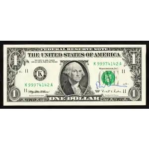 $1 1995 Green seal. Small Size $1 Federal Reserve Notes 1922-K
