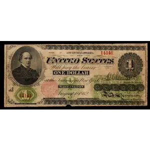 $1 Series 1-166 at top ABNCo monogram at center-right edge Green patent date at right Type 1 over left serial number; Red Seal Legal Tender Issues 17a