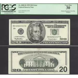 $20 1999 blue-Green seal. Small Size $20 Federal Reserve Notes 2085-D