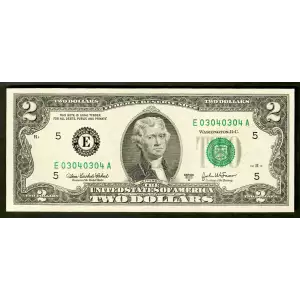 $2 2003-A. Green seal Small Size $2 Federal Reserve Notes 1938-E