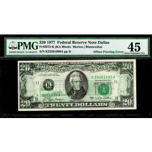 $20 1977 blue-Green seal. Small Size $20 Federal Reserve Notes 2072-K (2)