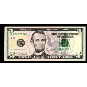 $5 2009  Small Size $5 Federal Reserve Notes 1994-L