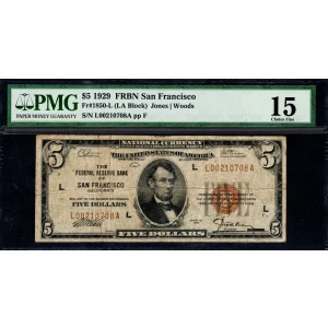 $5 1929 brown seal Small Federal Reserve Bank Notes 1850-L