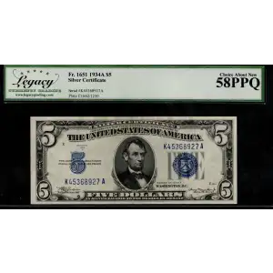 $5 1934-A blue seal. Small Silver Certificates 1651