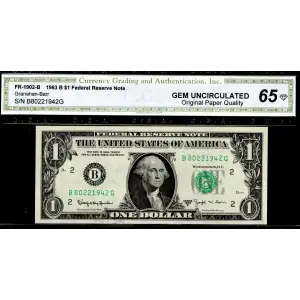 $1 1963-B. Green seal. Small Size $1 Federal Reserve Notes 1902-B