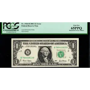 $1 2001 Green seal. Small Size $1 Federal Reserve Notes 1926-B