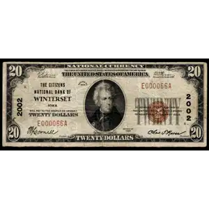 $20 1929 small brown seal. Small National Bank Notes 1802-1 (2)