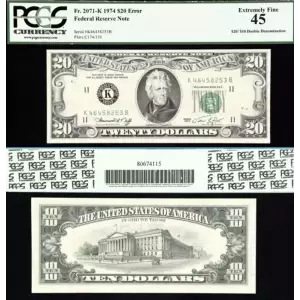 $20 1974 blue-Green seal. Small Size $20 Federal Reserve Notes 2071-K
