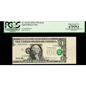 $1 1995 Green seal. Small Size $1 Federal Reserve Notes 1922-K (2)