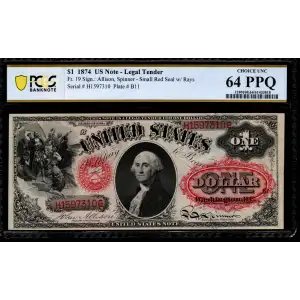 $1 1874 Small Red with rays Legal Tender Issues 19
