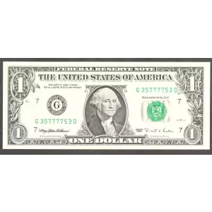 $1 1995 Green seal. Small Size $1 Federal Reserve Notes 1922-G