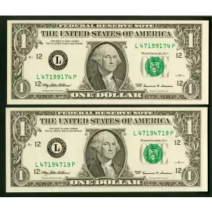 $1 1999 Green seal. Small Size $1 Federal Reserve Notes 1925-L (2)
