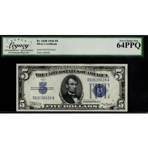 $5 1934 blue seal. Small Silver Certificates 1650