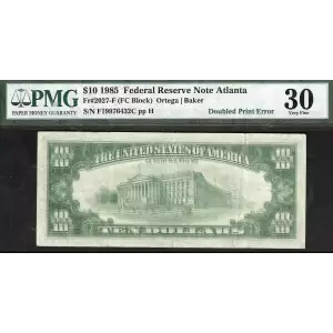 $10 1985 Treasury seal. Small Size $10 Federal Reserve Notes 2027-F
