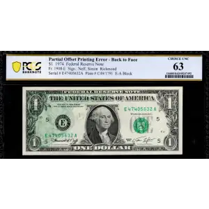 $1 1974 Green seal. Small Size $1 Federal Reserve Notes 1908-E