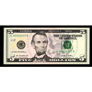 $5 2009  Small Size $5 Federal Reserve Notes 1994-L