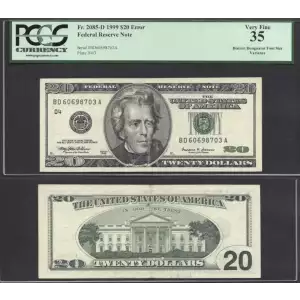 $20 1999 blue-Green seal. Small Size $20 Federal Reserve Notes 2085-D