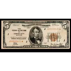$5 1929 brown seal Small Federal Reserve Bank Notes 1850-J*