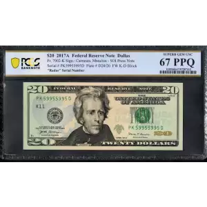 $20 2017-A FRN RADAR 375-22-573 HIGH GRADE PCGS Superb Gem 68PPQ