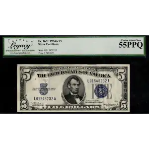 $5 1934-A blue seal. Small Silver Certificates 1651