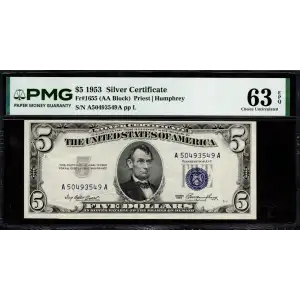 1953 $5 A50493549A PMG 63 EPQ
