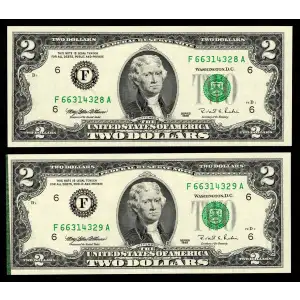$2 1995 Green seal Small Size $2 Federal Reserve Notes 1936-F